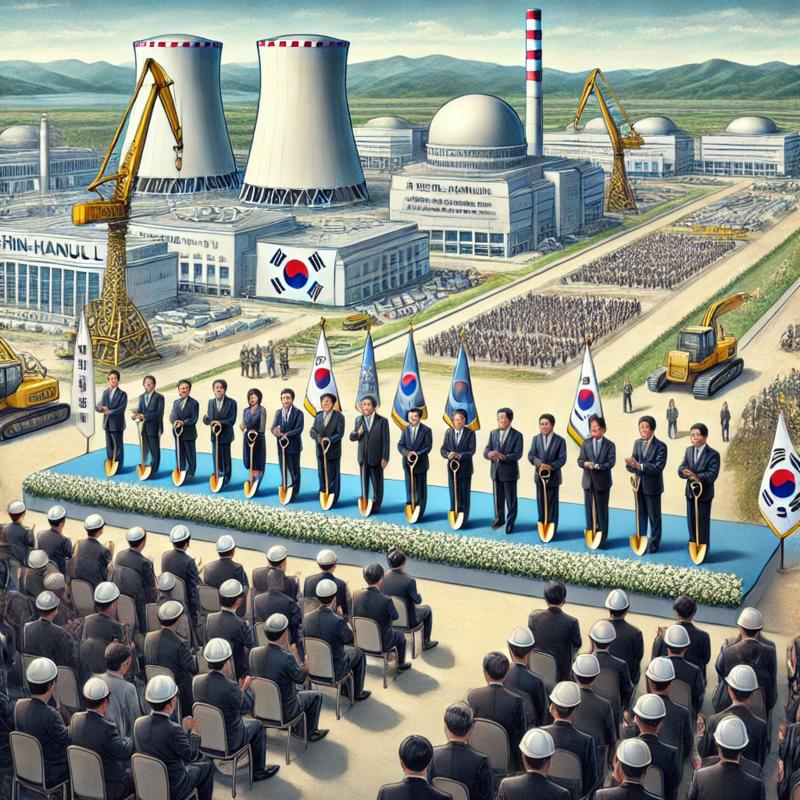 A detailed illustration of a South Korean nuclear power plant completion and groundbreaking ceremony. The scene includes government officials, including President Yoon, along with industry leaders, gathered at a large outdoor area near a nuclear power plant. The setting includes the symbolic act of breaking ground with shovels, as well as banners with the names 'Shin-Hanul 1 & 2 Completion' and 'Shin-Hanul 3 & 4 Groundbreaking.' In the background, modern nuclear reactors and industrial facilities can be seen. The atmosphere is celebratory and professional, capturing South Korea's nuclear industry renaissance. Size: 1024x1024